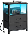 Fixwal Night Stand - LED Nightstand with Charging Station & USB Ports, Modern Black with 2 Fabric Drawers