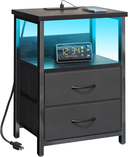 Fixwal Night Stand - LED Nightstand with Charging Station & USB Ports, Modern Black with 2 Fabric Drawers