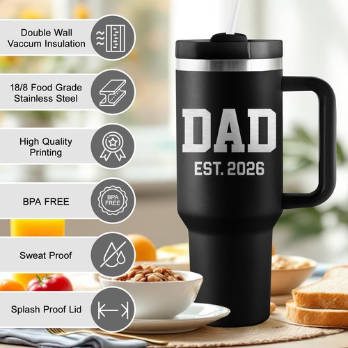 CENDARTE New Dad Gifts First Time Dad to be Gifts DAD EST 2026 First Fathers Day Gift for New Dads 1st Time Daddy Expectant Dads Father to be 40oz Travel Cup Insulated Tumbler with Lid & Straw
