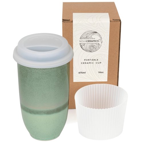 NOVA CERAMICS Coffee Travel Mug – Reusable Coffee – Microwave & Dishwasher Safe Coffee Green Tumbler - Gifts For Women Men Him Her – 16oz – Emerald