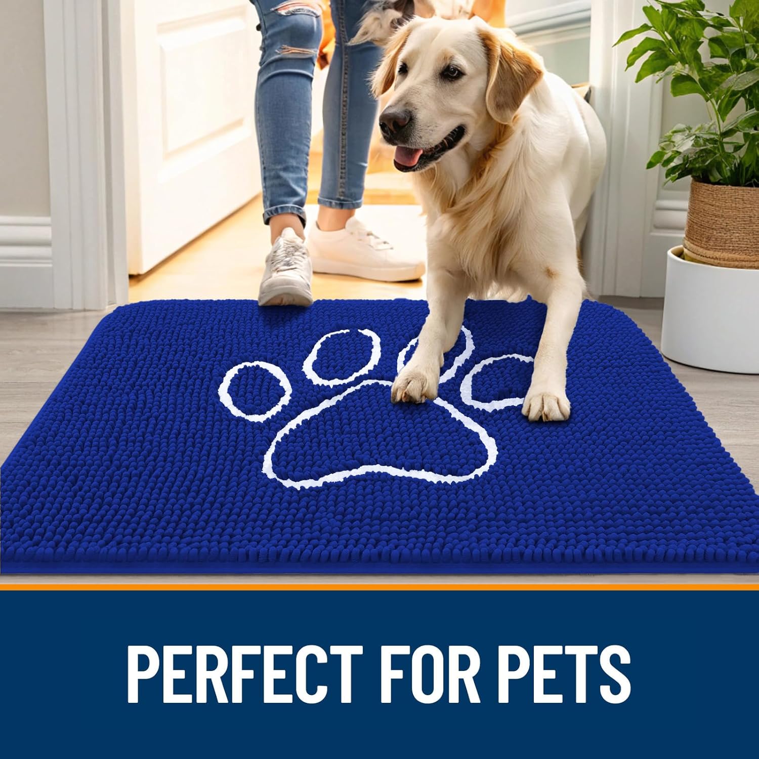 OLANLY Dog Door Mat - Absorbent Muddy Paws Doormat | Non-Slip Chenille, 36x24, Royal Blue
