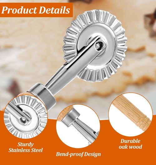 Fluted Pastry Cutter, Pasta Cutter Wheel 6.3 Inch Stainless Steel with Ergonomic Oak Handle for Pasta, Dumplings & Noodles, 360° Effortless Cutting