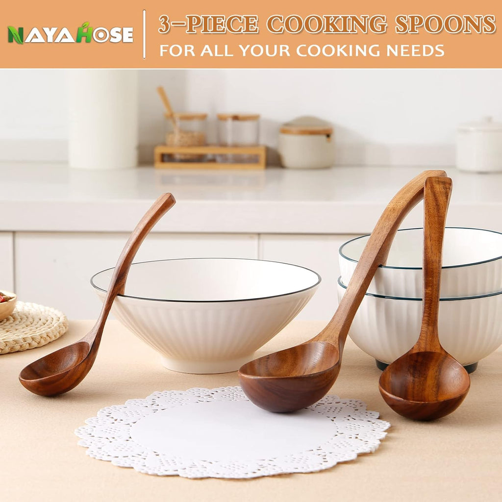 Skiennix Wooden Ladle - Natural Teak Cooking Spoon Set | Non-Stick, 3 Sizes Available