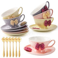 ICHAG Tea Cups and Saucers Set, Tea Cups Set of 6,18-Piece 8oz Vintage Porcelain Teacup and Saucer Set with Golden Spoon and Bowknot, Coffee Cup Set for Women's Tea Party, Home Office Gifts
