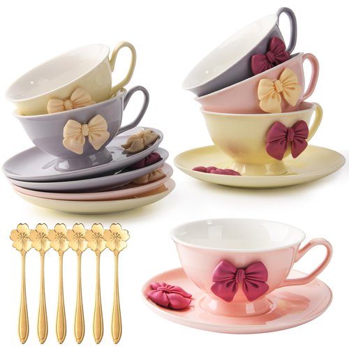 ICHAG Tea Cups and Saucers Set, Tea Cups Set of 6,18-Piece 8oz Vintage Porcelain Teacup and Saucer Set with Golden Spoon and Bowknot, Coffee Cup Set for Women's Tea Party, Home Office Gifts