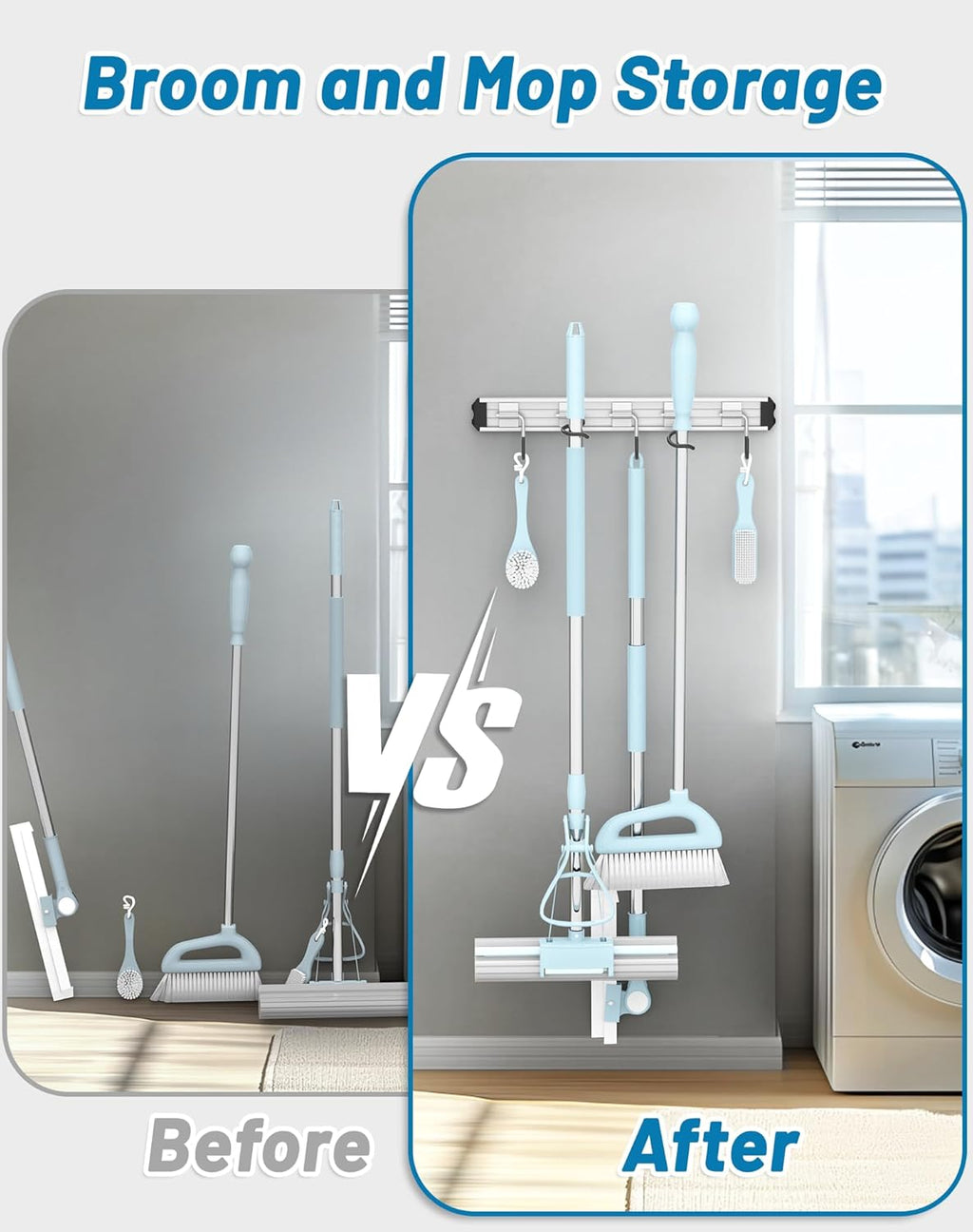 Skiennix Mop and Broom Holder - Wall-Mounted Organizer with Movable Hooks | Modern Aluminum Alloy, Black