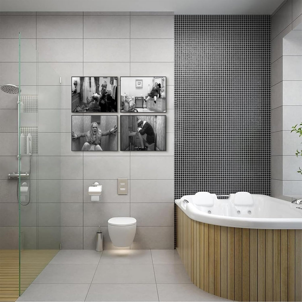 Regine Switzerland Funny Bathroom Wall Art Set of 4 | Vintage Black and White Prints, Unframed 11x14 Inch