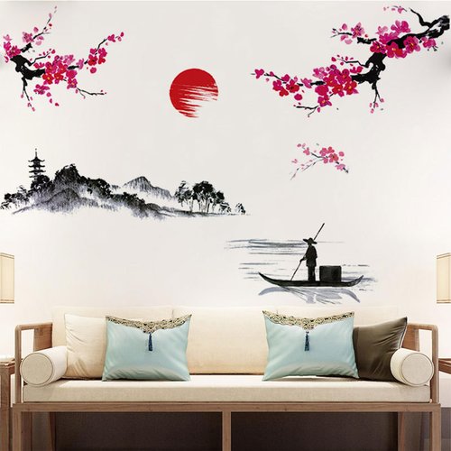 Large Japanese Wall Decor Stickers, BWCXXZH Red Cherry Blossom Tree Wall Murals Mountain River Fisherman Peel and Stick 3D Art Stickers for Girls Bedroom Nursery Living Room TV Home Decor