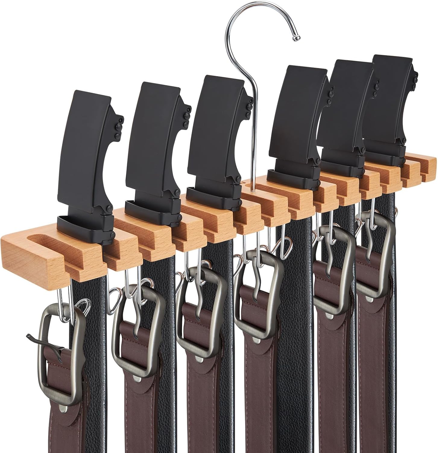 Ohuhu Belt Hanger Organizer - 2-in-1 Wall Mount with 14 Slots & 13 Hooks | 360° Rotating Wooden Storage for Belts, Ties & Scarves