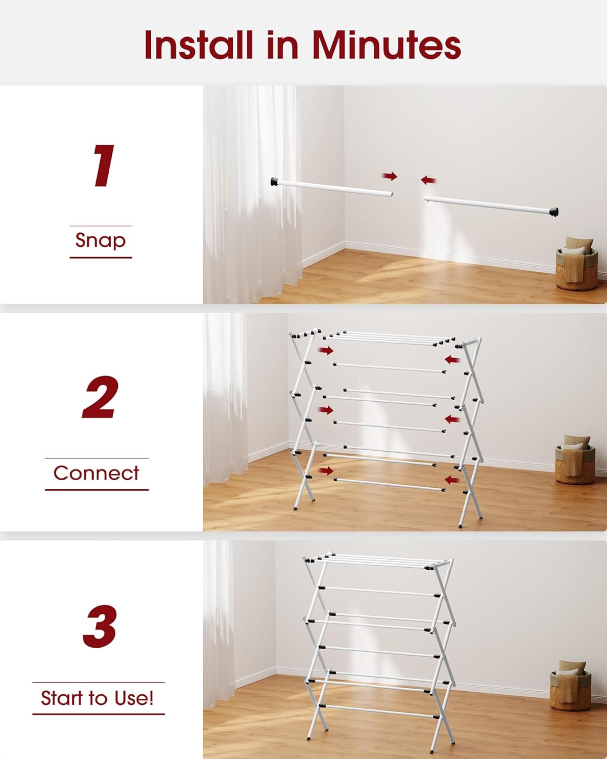 Sakugi Foldable Clothes Drying Rack - 3-Tier Metal Laundry Organizer with Non-Slip Feet | Indoor & Outdoor Use, 11.4"D x 29.1"W x 37.4"H, White & Black