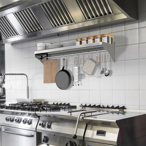 VENFAN 48" x 12" Stainless Steel Shelf Wall Mounted | Heavy-Duty Commercial Stainless Steel Shelf Storage with 8 Hooks for Kitchen Wall, Restaurant, Garage and Microwave Oven