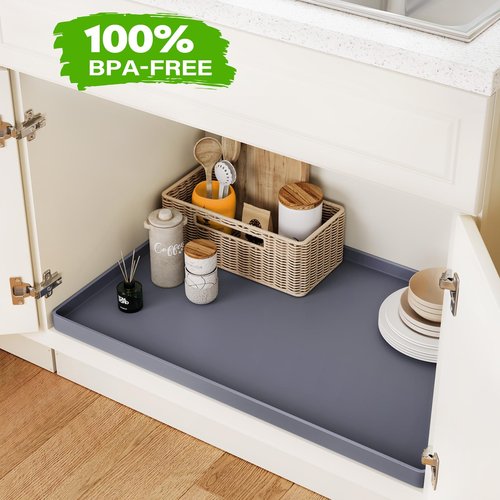 FLATO Waterproof Under Sink Mat 40" x 22" Shelf Liner for Kitchen and Bathroom, Cabinet Protector, Organizers and Storage, Flexible Silicone Drip Tray