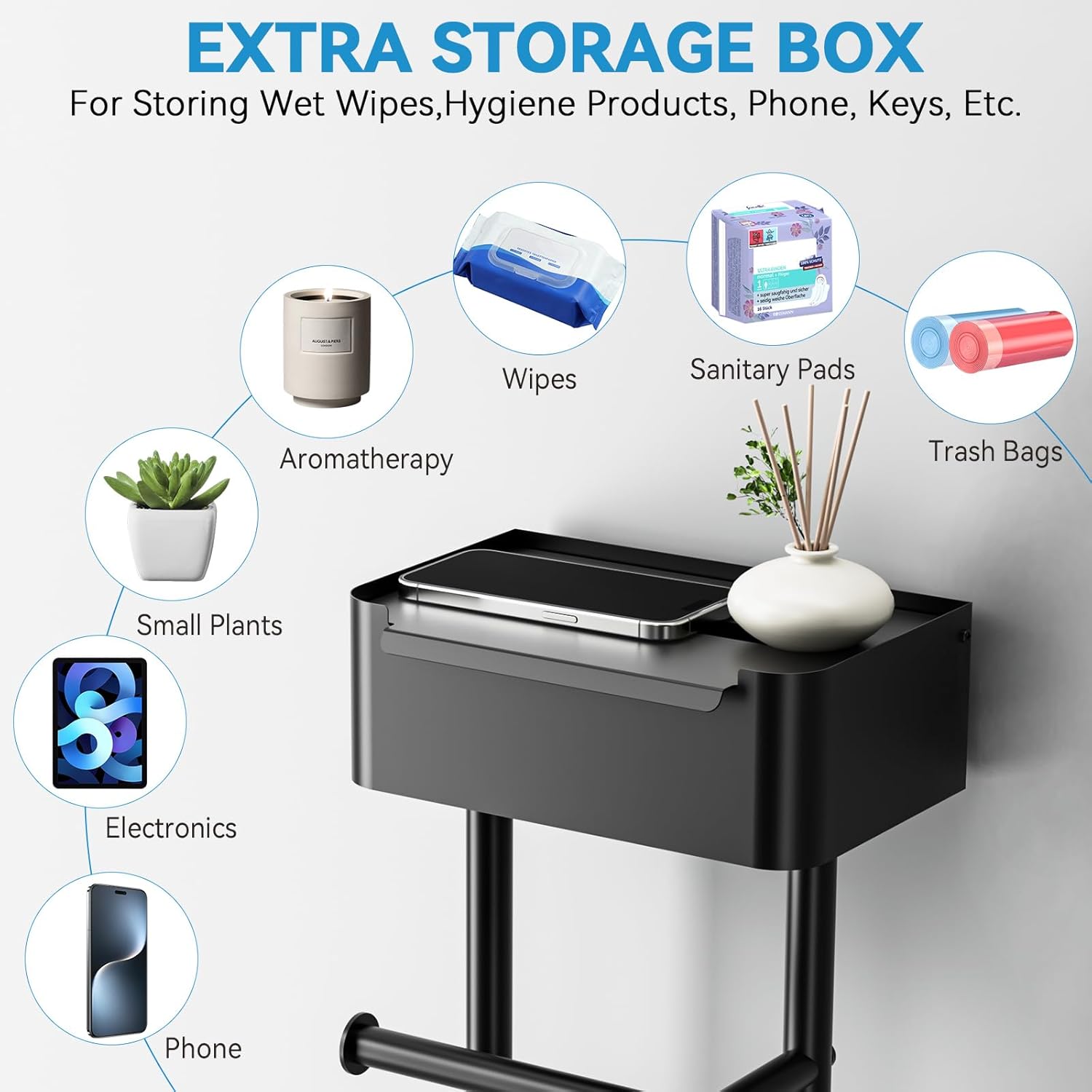 Skiennix Free Standing Toilet Paper Holder - Stylish Bathroom Organizer with Shelf for 4 Rolls | 29.7" x 12.6" (Matte Black)