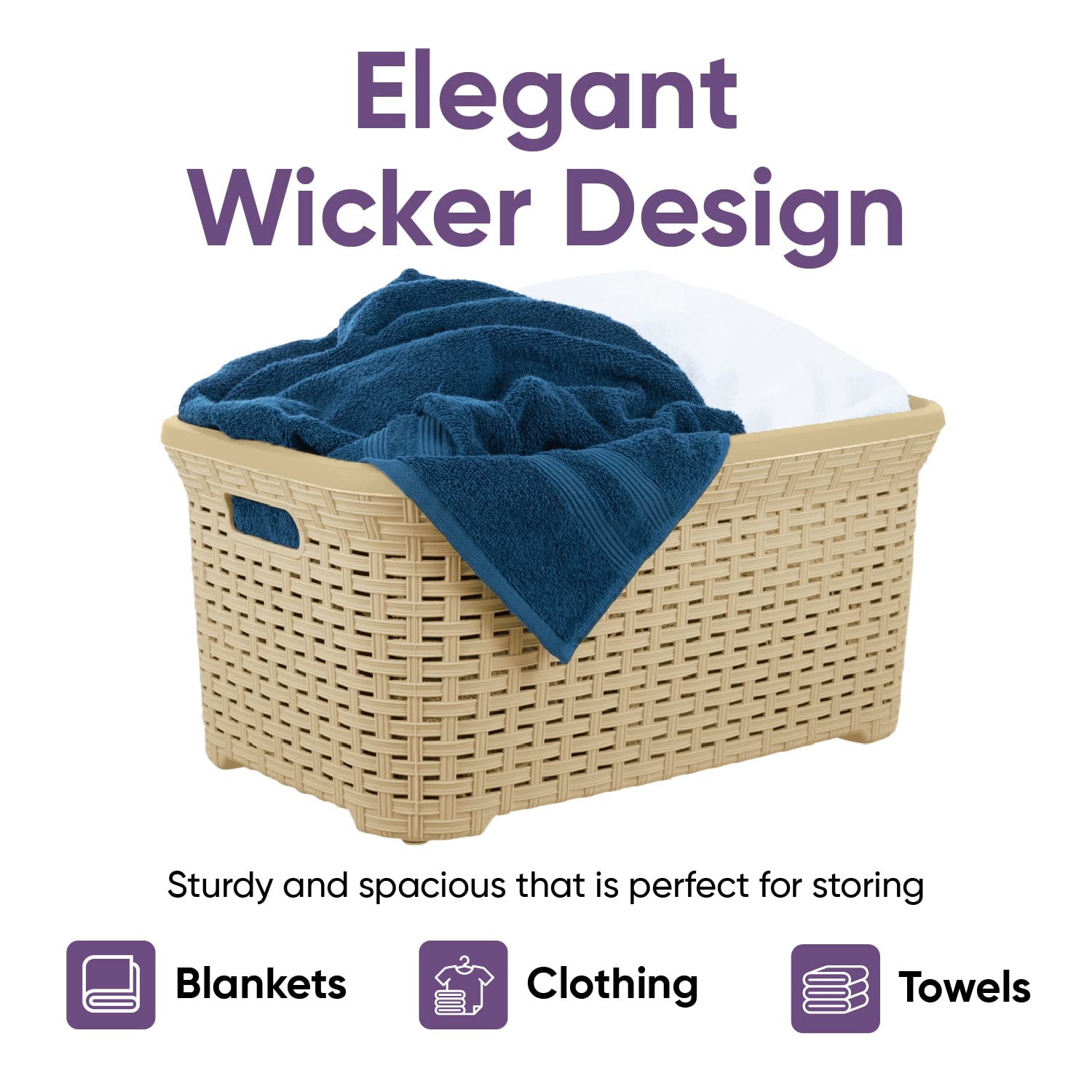 Superio Laundry Basket Plastic Storage Hamper Basket, Beige Cloths Basket Organizer with Cut-Out Handles. Space Saving for Laundry Room Bedroom Bathroom, Wicker Design 50 Liter (2 Pack)