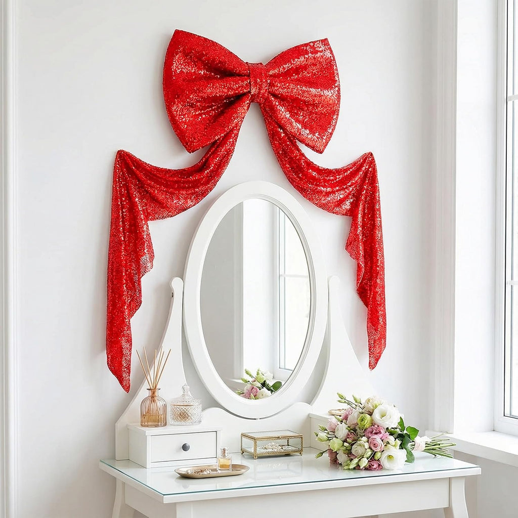 Sequin Giant Bow - Oversized Red Decoration with Long Ribbon | 75 x 23 Inch for Weddings & Parties