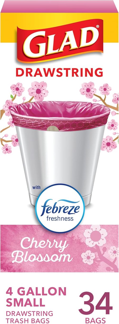 Glad Small Trash Bags - 4 Gallon Febreze Cherry Blossom | Odor Resistant Drawstring, 34 Count