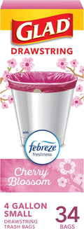Glad Small Trash Bags - 4 Gallon Febreze Cherry Blossom | Odor Resistant Drawstring, 34 Count