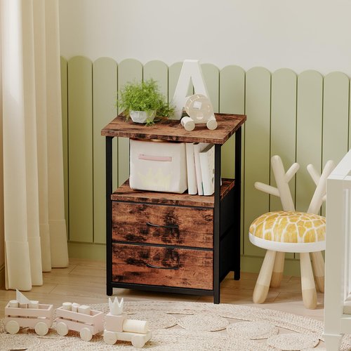 Fixwal Night Stand with Charger Station, Nightstand with Charging Station & Fabric Drawers，Rustic Brown