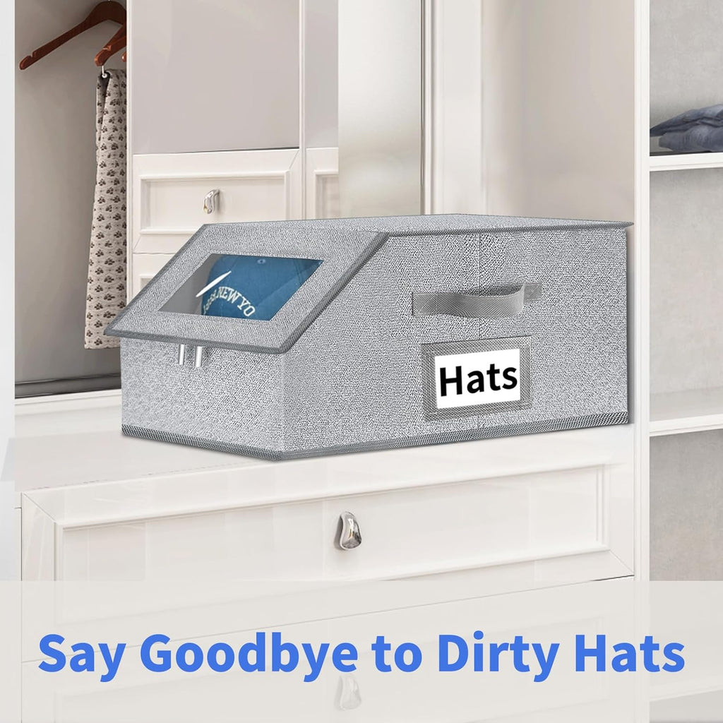 Aokeyee Hat Organizer - 2PCS Stackable Storage with Clear Window Lid | Space-Saving Grey Hat Box