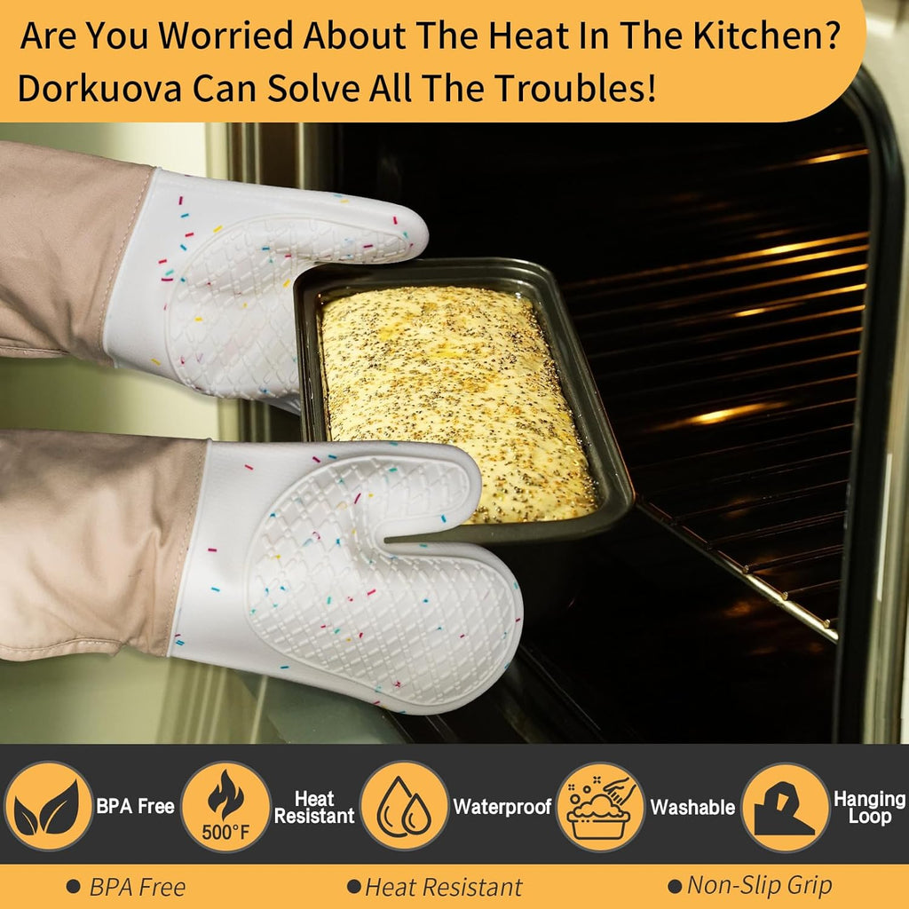 Skiennix Oven Mitts - Cute & Heat Resistant Up to 500°F - Washable Silicone Cooking Gloves (Cream)