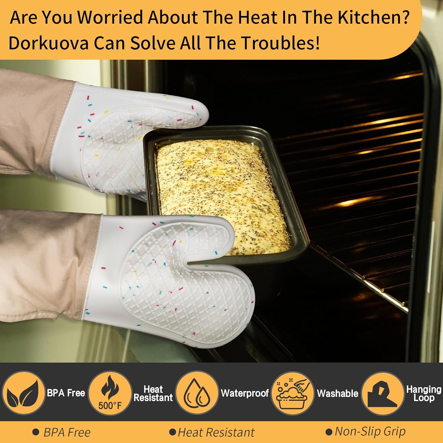 Skiennix Oven Mitts - Cute & Heat Resistant Up to 500°F - Washable Silicone Cooking Gloves (Cream)