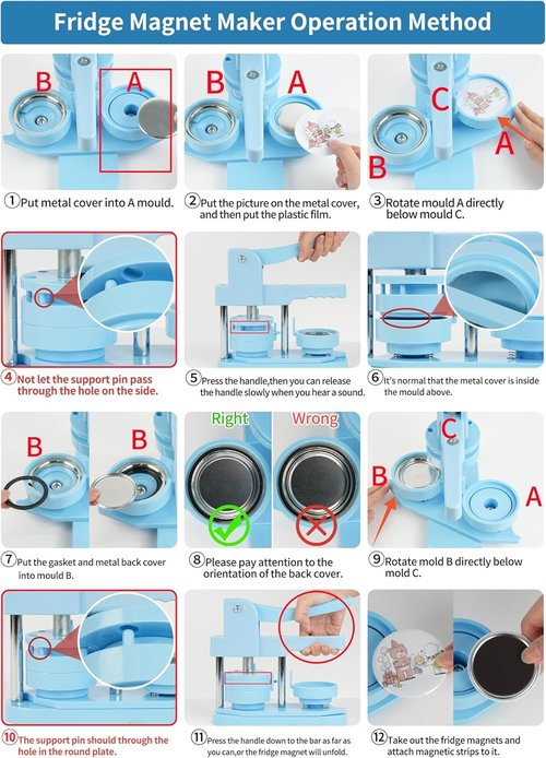 Happizza 100 Sets Button Maker Supplies for Fridge Magnet Maker Machine 58mm/2.25 inch, Including Metal Cover, Metal Back Cover, Clear Film, Blank Paper, Soft Magnet and Gasket