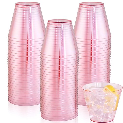 Ciaell 300PCS Clear Pink Plastic Cups - 9 Oz Heavy Duty Plastic Cups - Clear Party Cup Disposable Wine Cup for Parties & Weddings & Party & Easter
