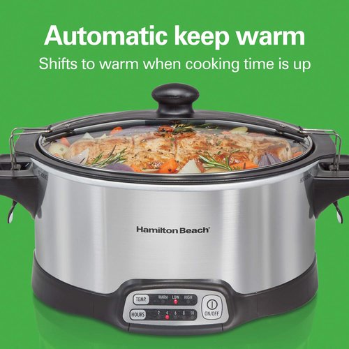 Hamilton Beach Programmable Slow Cooker with 6 Quart Stovetop-Safe Sear & Cook Crock & Travel Lid Lock for Portable Transport, Silver (33663)