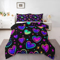 Erosebridal Neon Hearts Bedding Twin Rainbow Love Heart Comforter Set for Girls, Psychedelic Galaxy Duvet Insert Gradient Glowing Stars Down Comforter, Black Girly Bedding Comforter Sets Lightweight