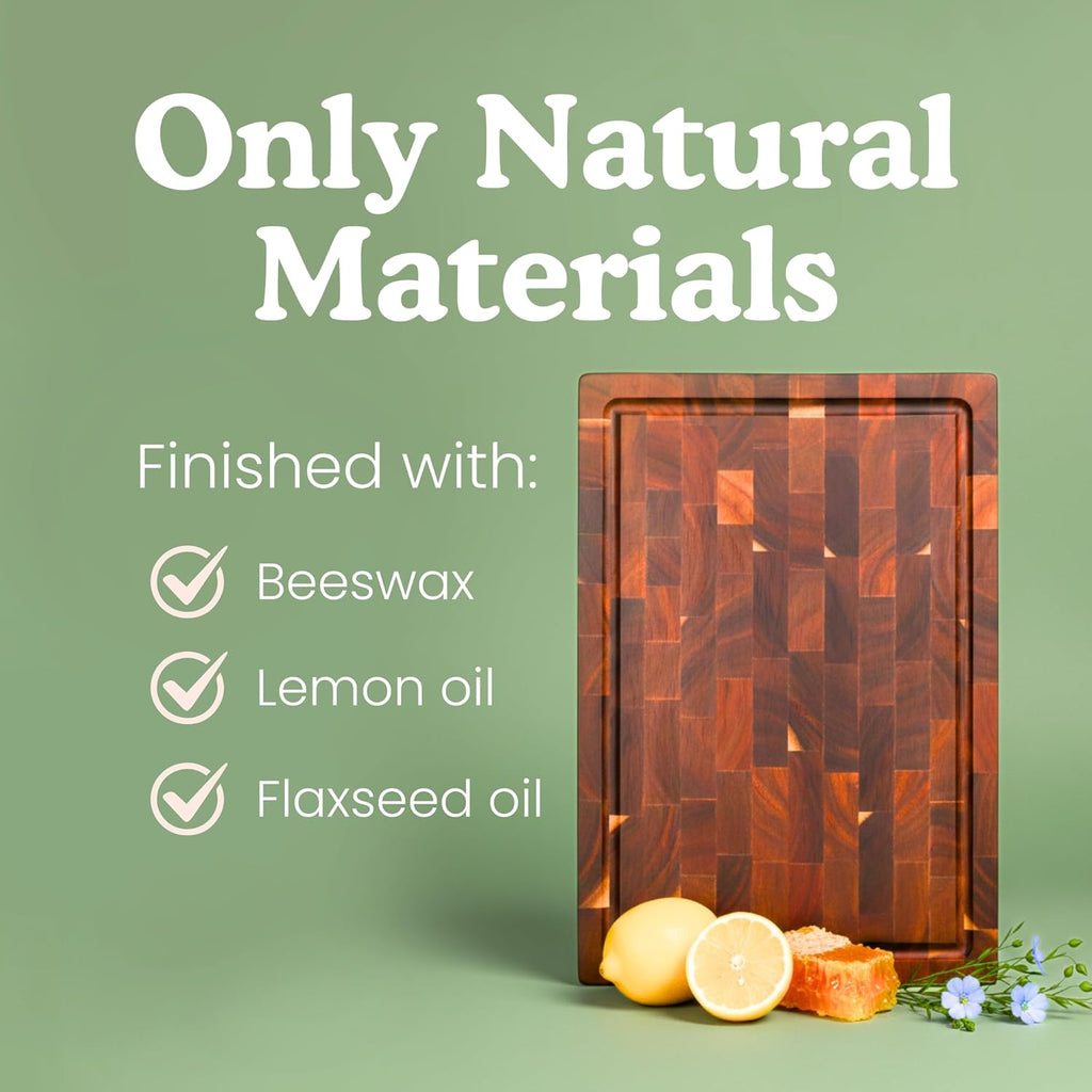Ziruma End Grain Butcher Block Cutting Board - 1.5" Thick Acacia Wood | 16" x 11" Chopping Board, Beeswax Conditioned
