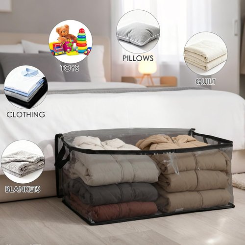 Fixwal Blanket Storage Bags - 80L Large Foldable Closet Organizers with Reinforced Handles | Black, 4 Pack