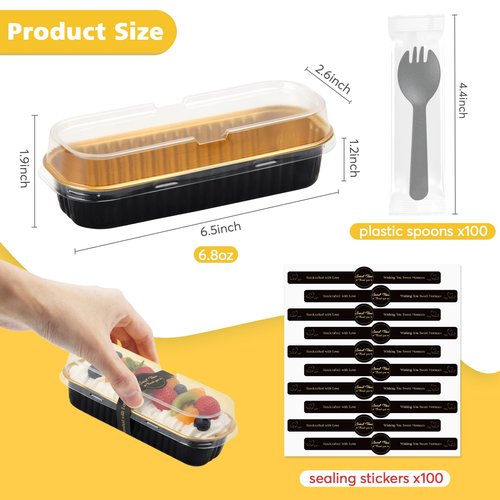 Ruckae 100 Pack Mini Loaf Pan Mini Loaf Baking Pans with Lids and Spoons,Disposable Aluminum Foil Pans, Rectangle Tin Foil Pans with Lids for Home, Pary, Picnics (Black Gold)