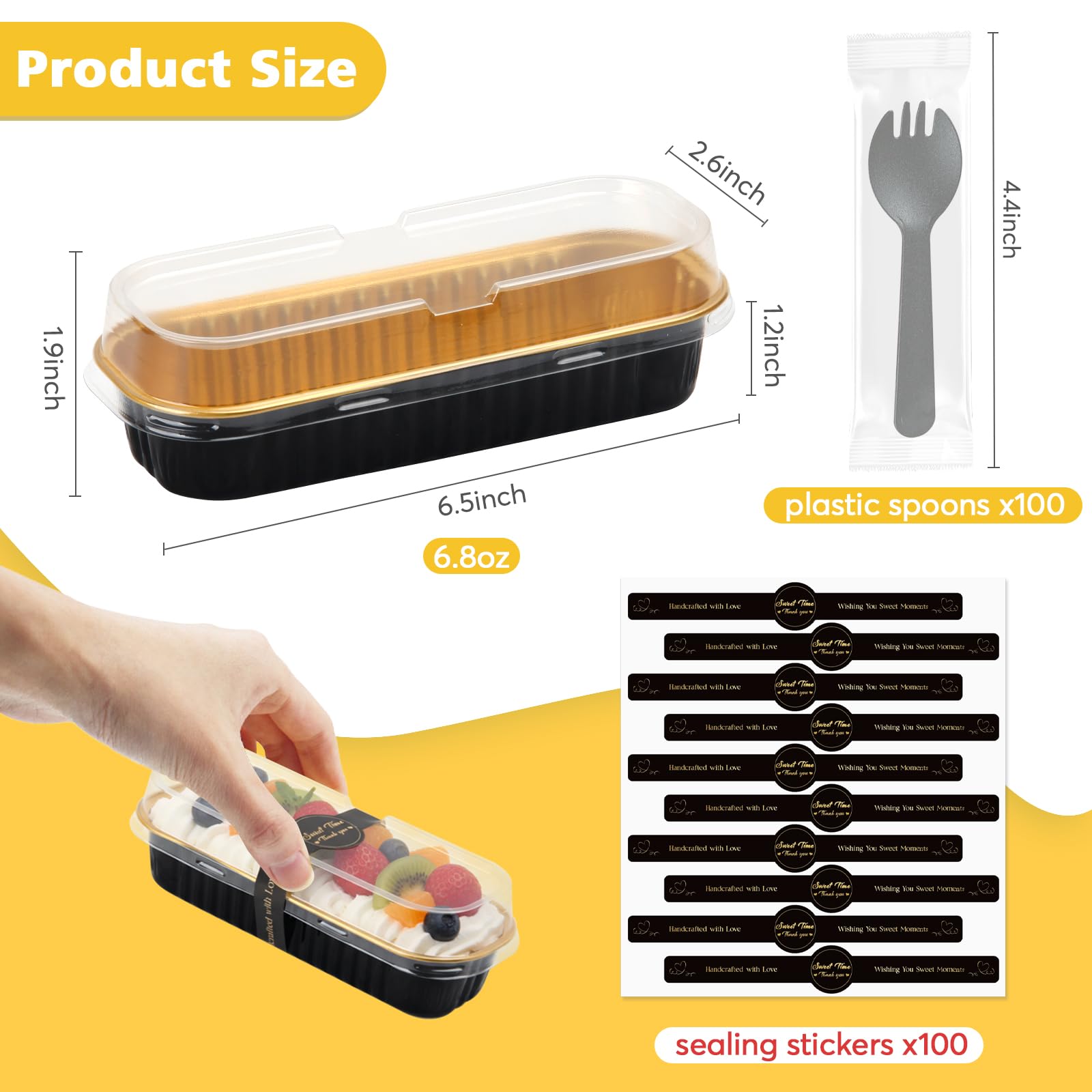 Ruckae 100 Pack Mini Loaf Pan Mini Loaf Baking Pans with Lids and Spoons,Disposable Aluminum Foil Pans, Rectangle Tin Foil Pans with Lids for Home, Pary, Picnics (Black Gold)
