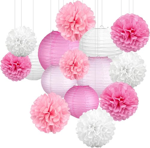 KAXIXI Pink Party Decorations - 15 Pcs Hanging Lanterns & Tissue Pom Poms for Baby Showers & Birthdays