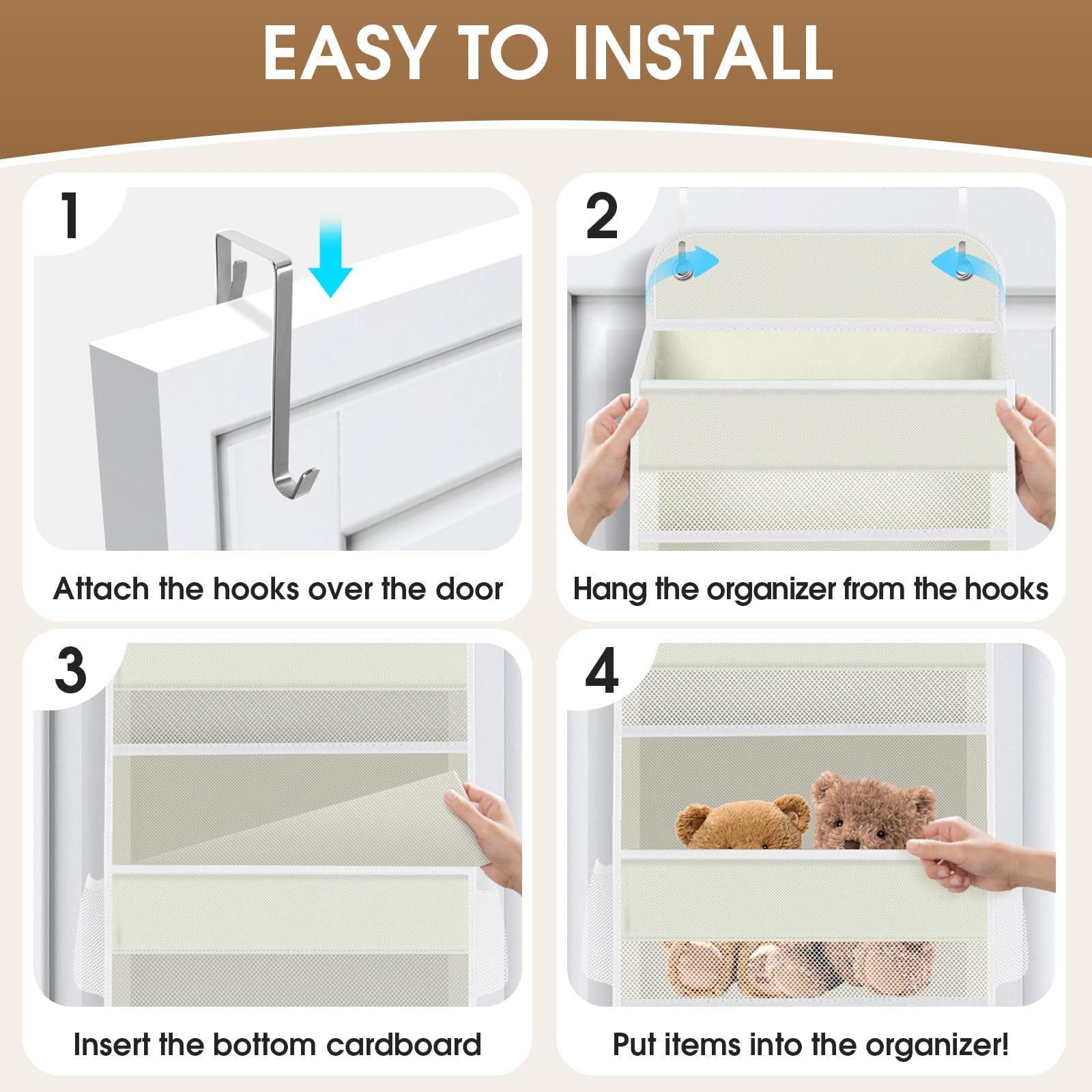 SpaceHacks 1 Pack Over The Door Organizer, Hanging Storage Organizer with Clear Window, 40lb Ultra Sturdy Large Capacity Room Organizer for Pantry Bathroom Nursery Closet Baby Essential (Beige)