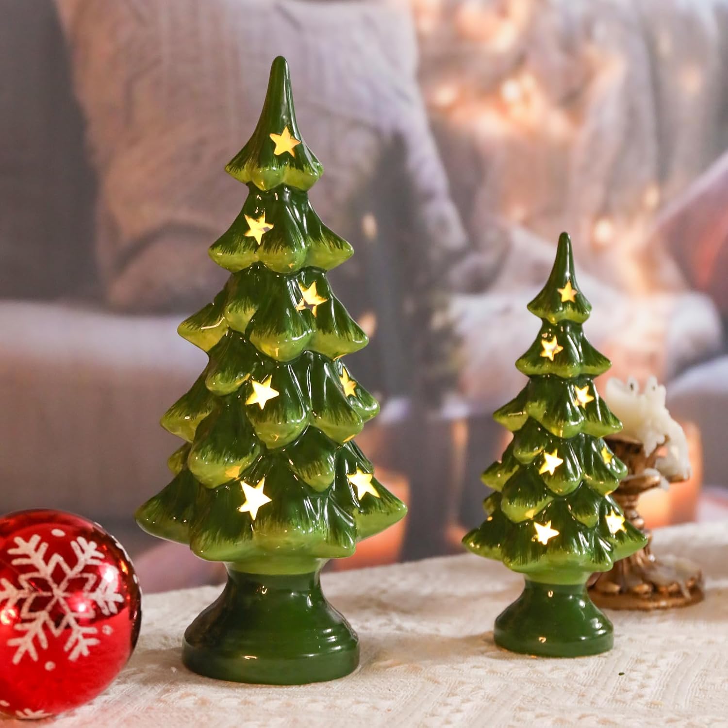 Taman Ceramic Christmas Tree | Light Up Tabletop Decoration Set of 2 - 10” & 7.5” with Warm Lights