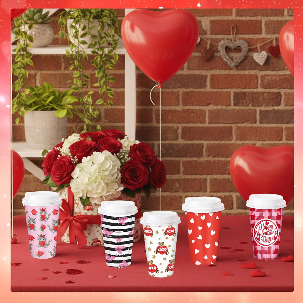 Ovveroche 100 Pack Valentine's Day Disposable Cups 16 oz Pink Red Hearts Bear Stripe Coffee Cups Wedding Anniversary Party Supplies for Hot Chocolate Cocoa Tea Coffee Bar Accessories
