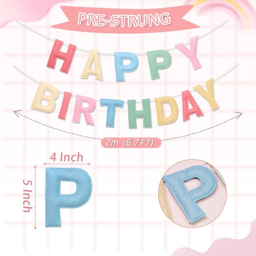 Felt Happy Birthday Banner, Pre-Strung 3D Birthday Rainbow Garland, Reusable Decorations Sign, Handmade Felt Banner for Women Girl, Party Decor, Photo Prop, Macaron