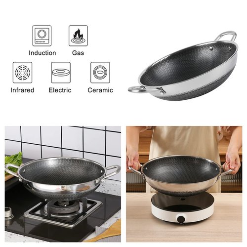 Hikaru 12.5” Wok Pan with Dual Honeycomb Wok Stainless Steel Wok Pan with Nonstick Coating, Frying Pans Cookware, Two Handles,Works with Induction ,Gas, Electric, Ceramic Furnace Stove, Without Lid