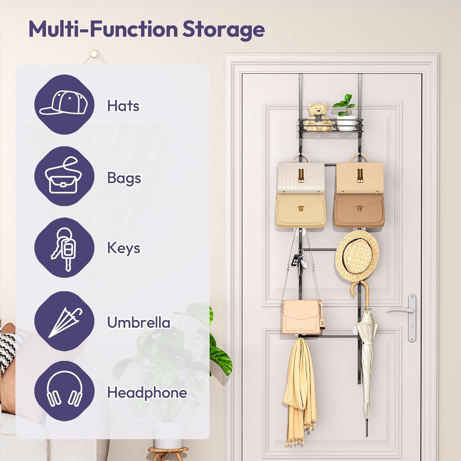 SWTYMIKI Over The Door Purse Organizer - Wall Mounted Handbag Storage Rack with 16 Hooks & Metal Basket