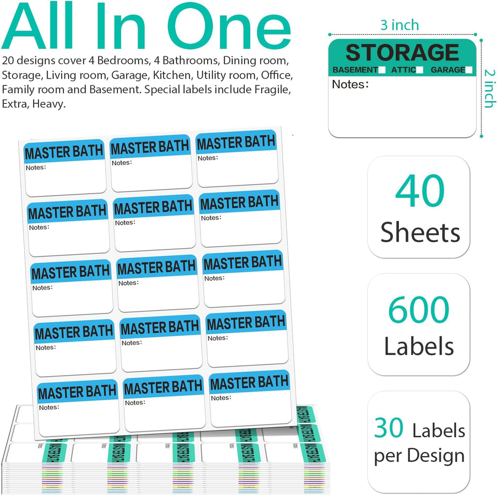 Skiennix Large Home Moving Packing Box Labels - 600 Count with Color-Coded & Writable Areas | Ideal for 3-4 Bedroom Homes