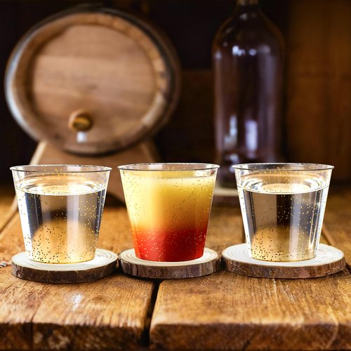 Byvivace 500Counts 1OZ. Disposable Shot Glasses Hard Plastic Shot Cups Gold Glitter Mini Shot Glasses for Tequila, Jello Shots, Liquor, 1Ounce Small Cup for Sauce, Dips, Shot Cups for Party