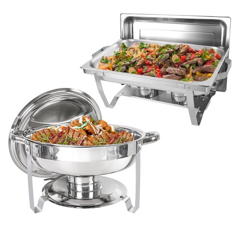 IMACONE Chafing Dish Buffet Set 2 Pack, 8 QT Rectangle & 5QT Round Stainless Steel Chafer for Catering, Chafers and Buffet Warmer Sets w/Food & Water Pan, Lid, Fuel Holder for Event Party Holiday