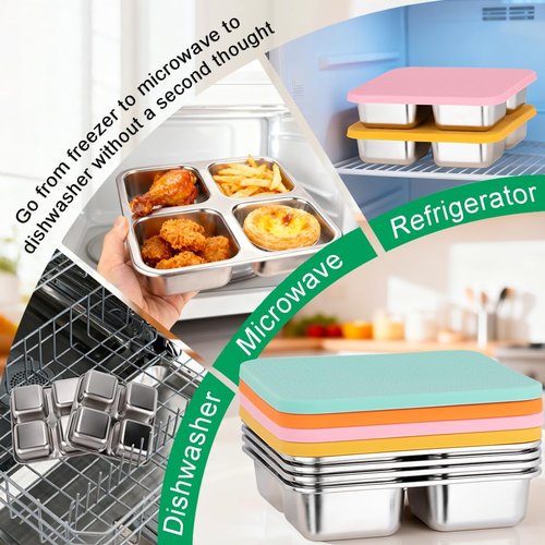 JUSTASHOW 4 Pack Stainless Steel Snack Containers with Lids, 4 Compartment Snack Container Small Lunch Box, Lunch Divided Food Storage Portion Control Meal Prep Reusable Snackle Lunchable for Work