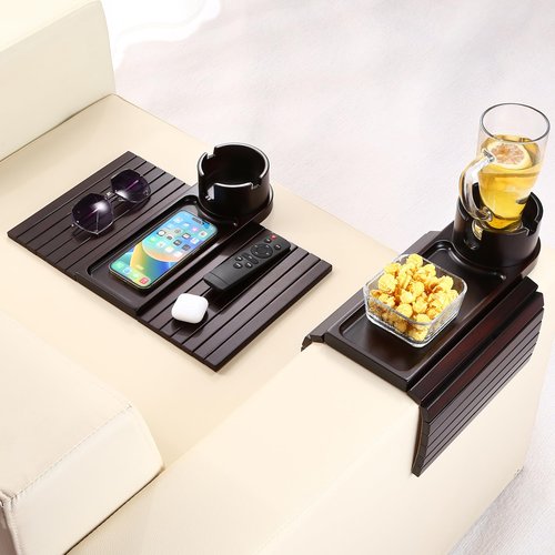 BAMTRAY Couch Cup Holder Tray, 15.75" Bamboo Cup Holder for Couch, 3 in 1 Foldable Arm Chair Clip on Side Tray Table for Remote Snack Table on Armrest