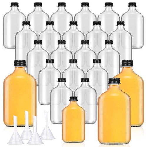 Gejoy 24 Pcs Mini Liquor Bottles Reusable Glass Flask Bottles with Black Caps Clear Empty Alcohol Shot Jars Small Champagne Jars with 4 Funnels for Wine Weddings Party Favors Christmas (8.5 oz)