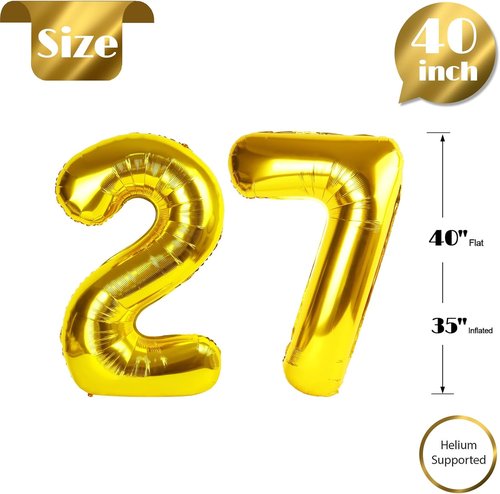 Gold Number 27 Balloon - 40 Inch Golden Birthday Decoration for 27th Year Celebration