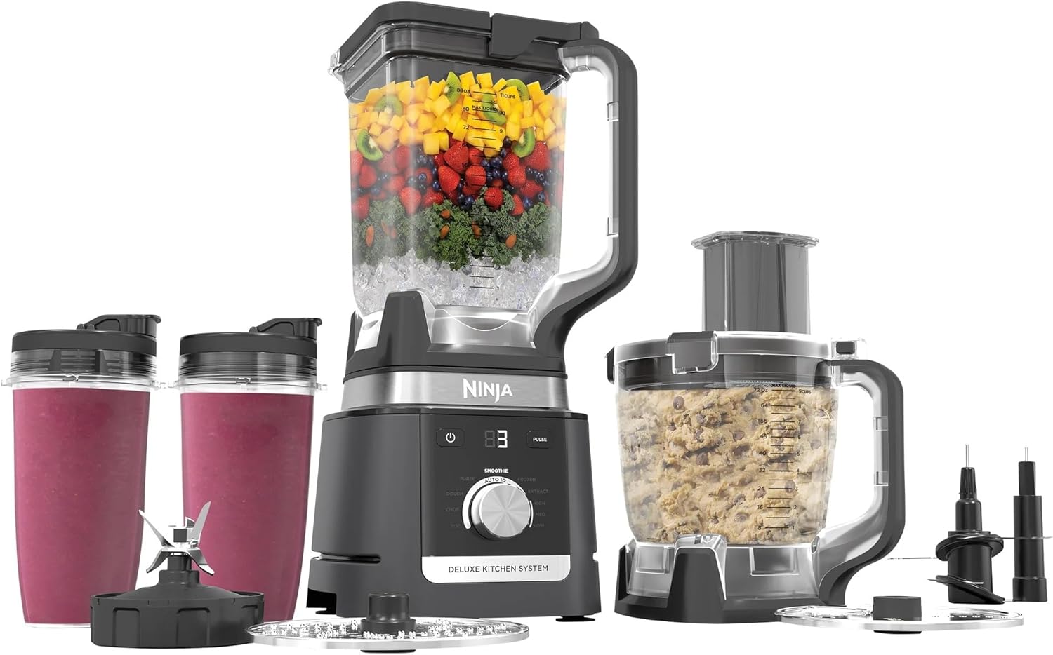 Ninja Deluxe Kitchen System - 1600W Auto-IQ Base with 88oz Pitcher & 9-Cup Food Processor | Refurbished