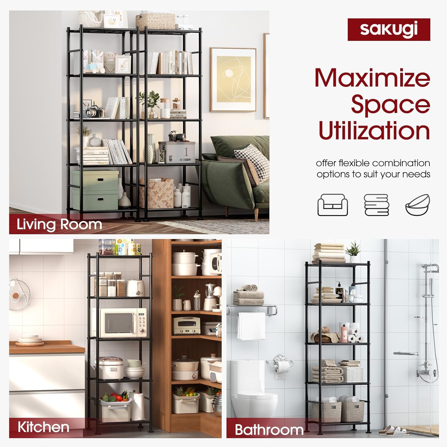 Sakugi Storage Shelves - Heavy Duty 5-Tier Organizer for Garage, Kitchen & Pantry | 18.4" W x 12.6" D x 57.4" H, Black
