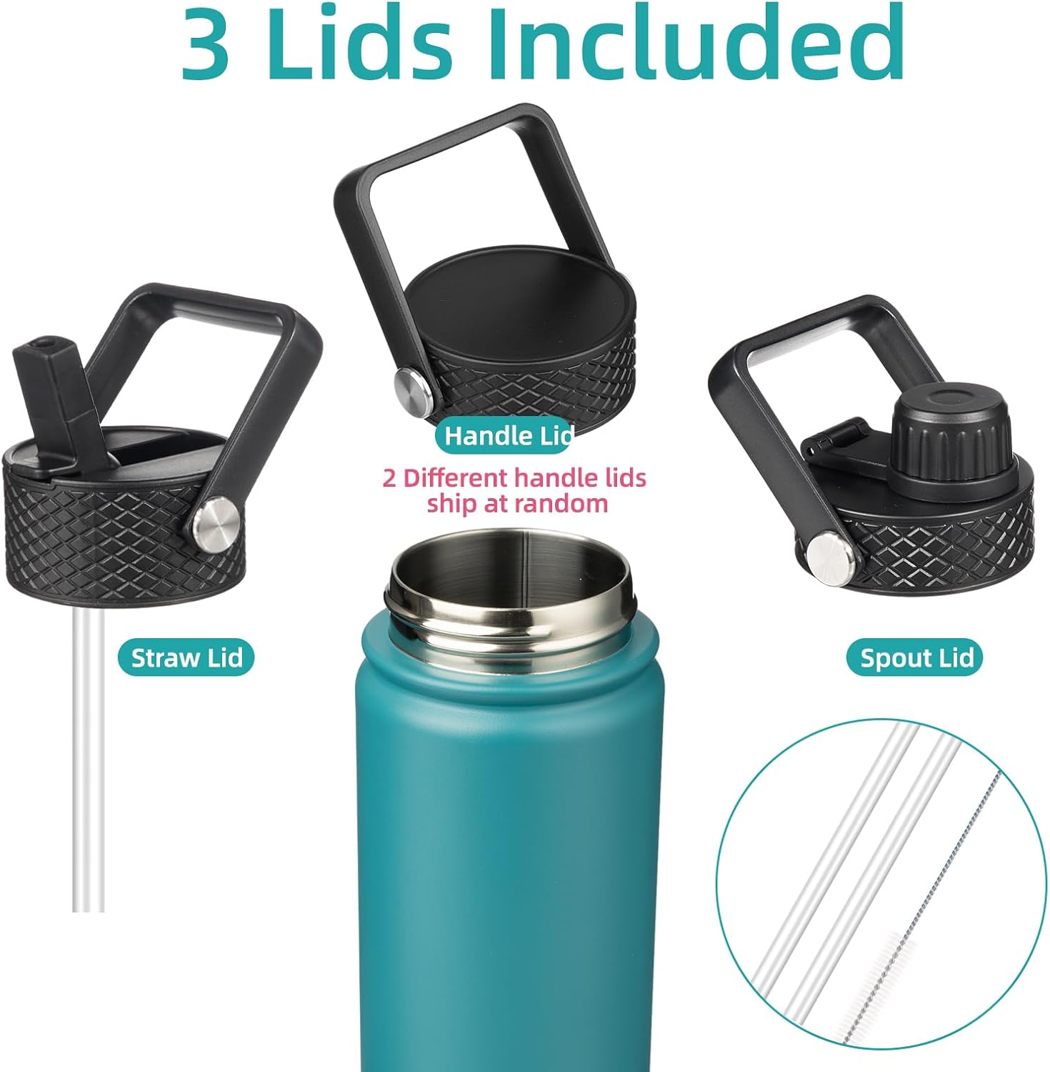 Skiennix Insulated Water Bottle - 24oz Stainless Steel Sport Bottle with 3 Lids | Light Blue